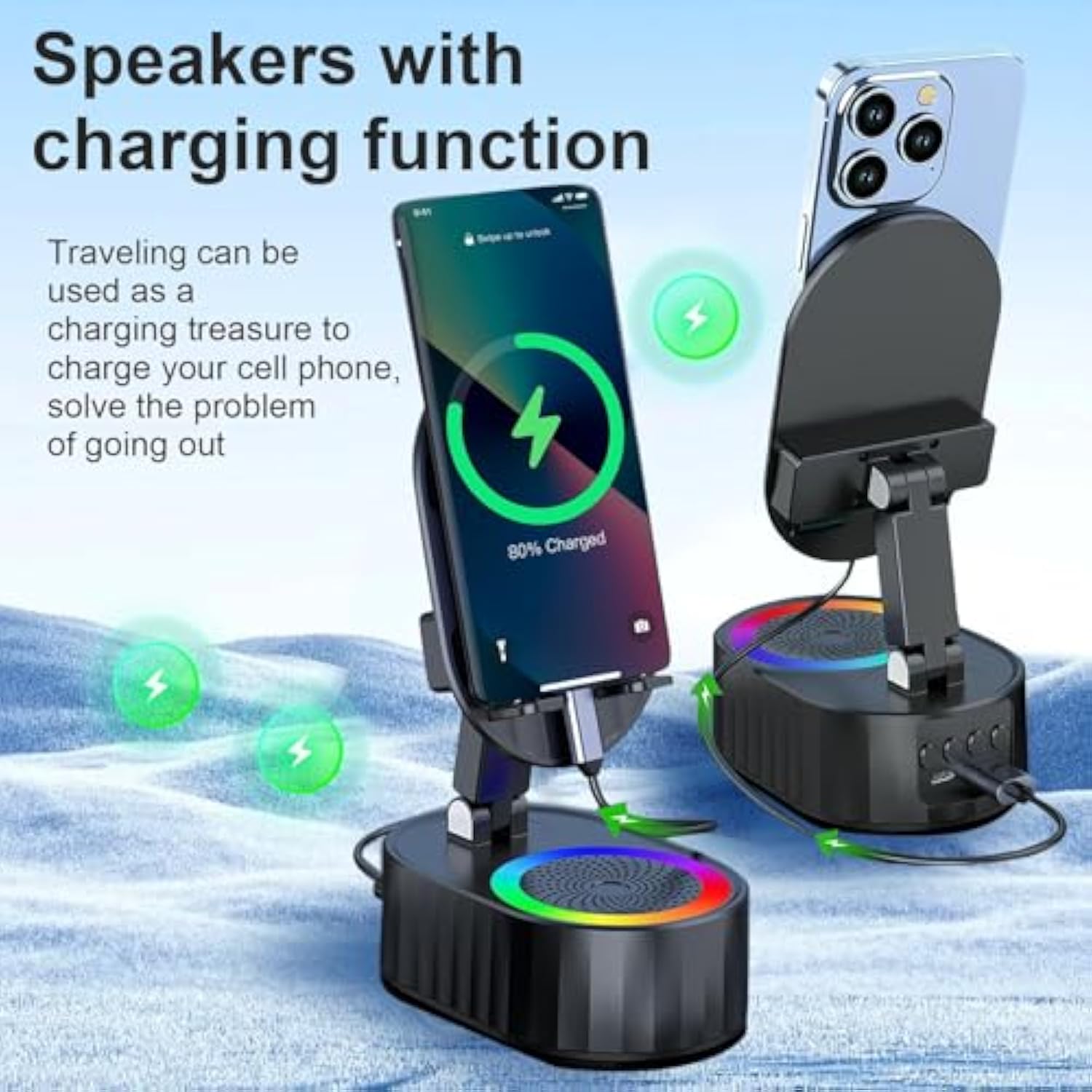 Wireless Induction Audio Bluetooth Speaker 5In1 Phone Holder Emergency Rechargeable (3000Mah) With Colorful Ambient Light 300° Foldable For Tablet Iphone Android, Gifts For Men Women (Black)