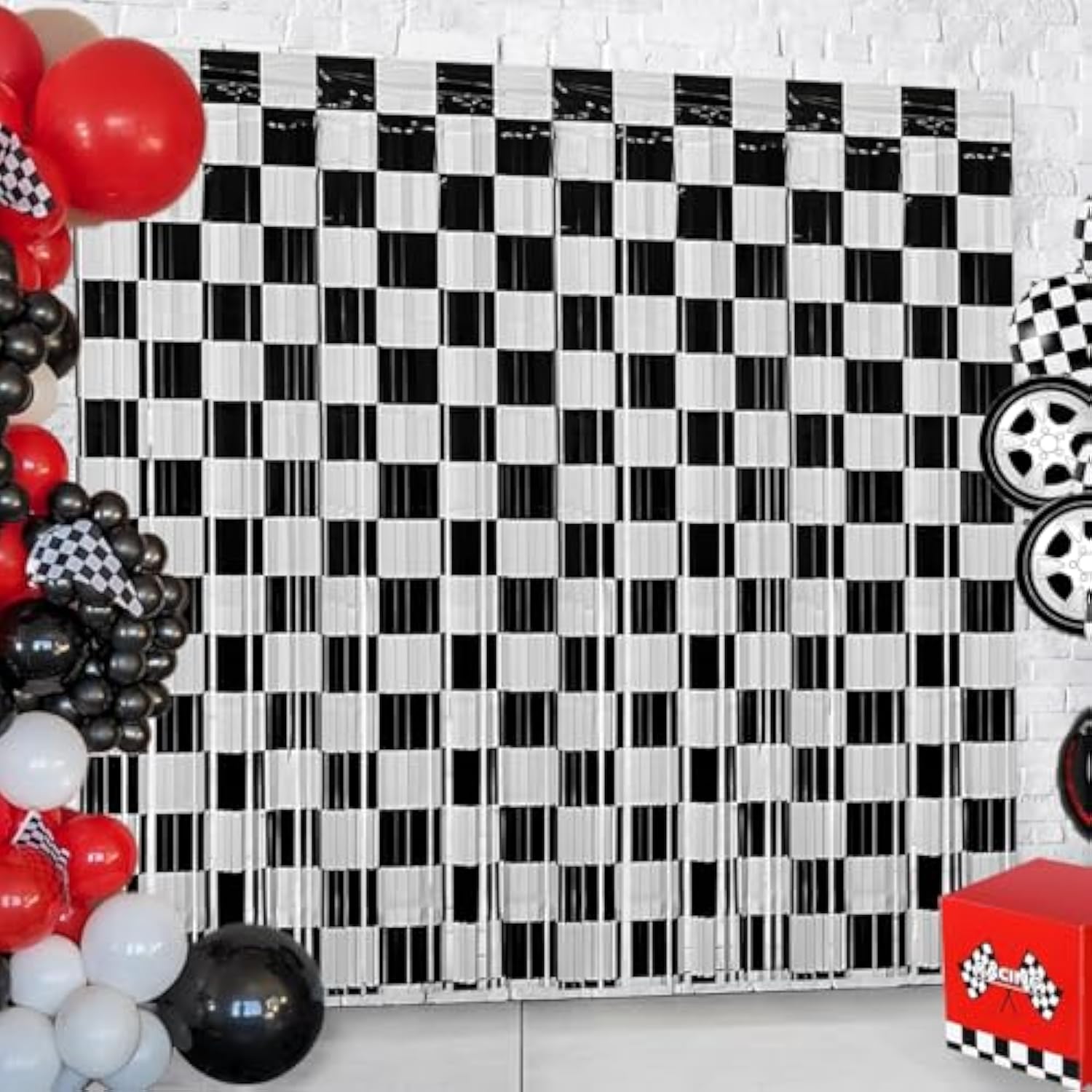 Race Car Birthday Party Streamers Backdrops Decorations, 2 Pcs Checkered Black White Foil Fringe Curtain Photo Booth Props For Racing Cars One Happy Dude Party Decor Supplies