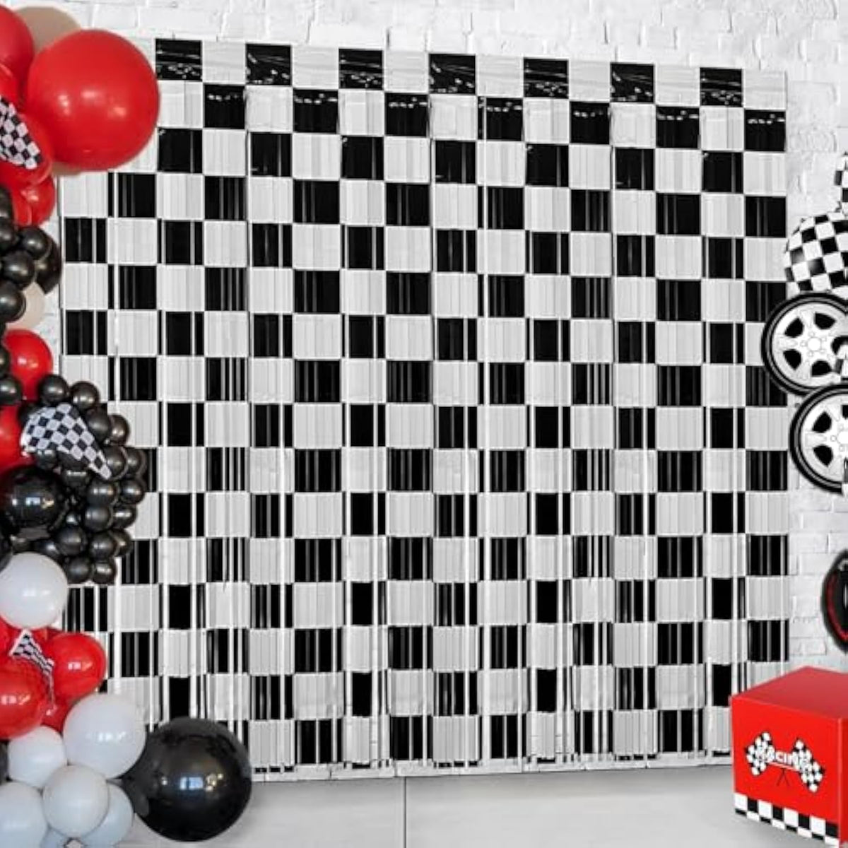 Race Car Birthday Party Streamers Backdrops Decorations, 2 Pcs Checkered Black White Foil Fringe Curtain Photo Booth Props For Racing Cars One Happy Dude Party Decor Supplies