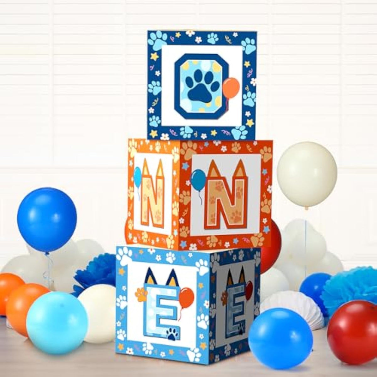 3-Pcs Blue Dog Paw 1st Birthday Balloon Boxes with 25 Balloons Set