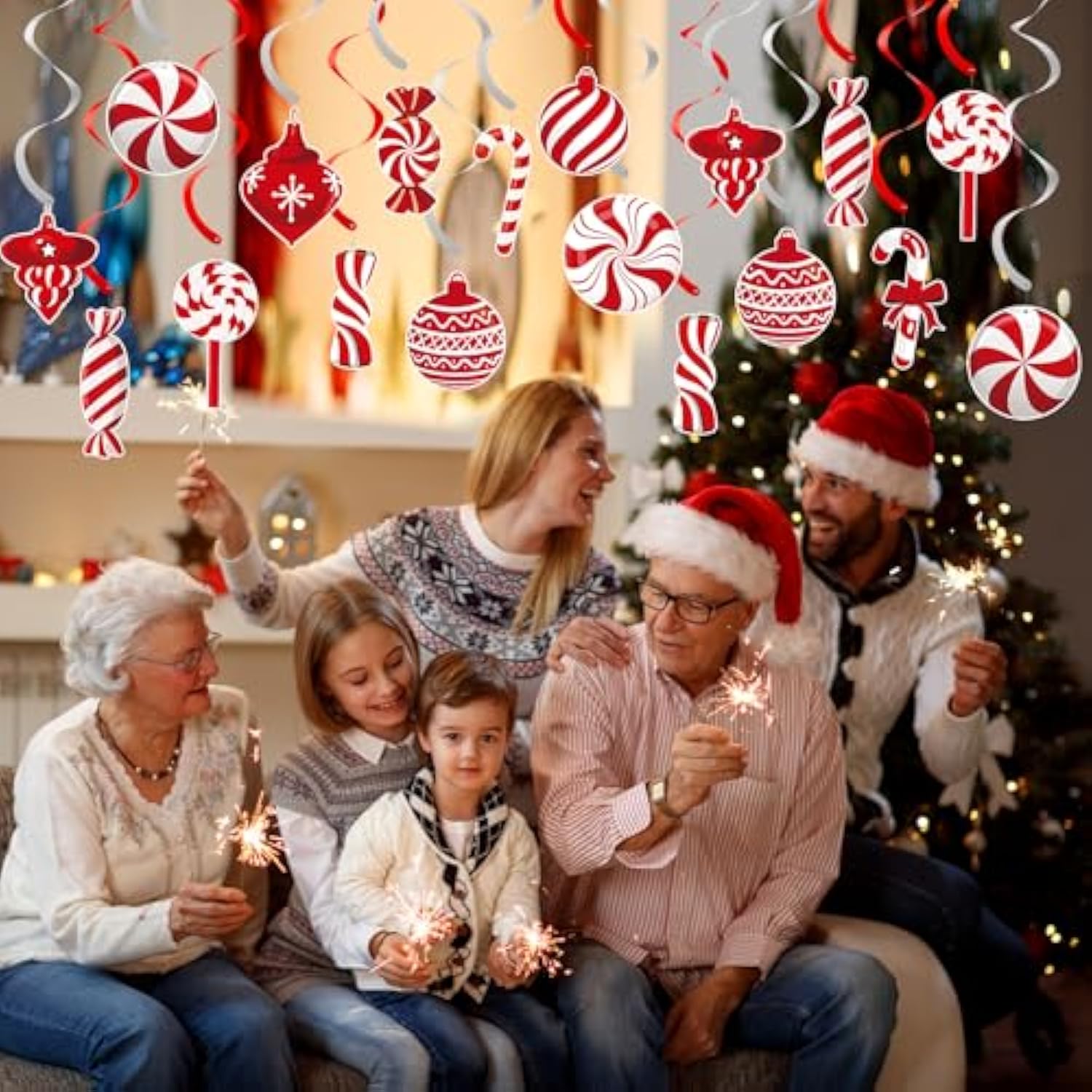 24 Pcs Christmas Candy Cane Hanging Swirl Decorations - Red And White Lollipop Peppermint Ceiling Hanging Swirls Streamers Ornaments For Candy Land Home Winter Holiday Xmas Christmas Party Decor