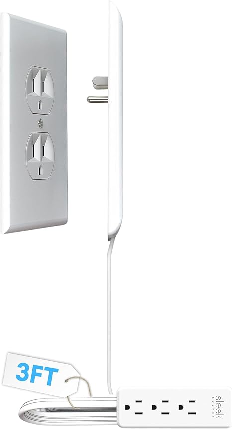 Ultra Thin Flat Outlet Concealer with Extension Cord Kit Power Strip 3FT White