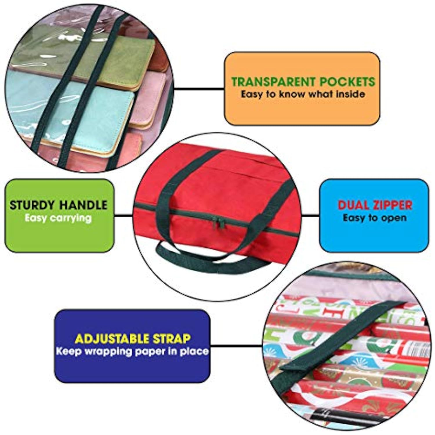 Christmas Wrapping Paper Storage Bag With Pockets | Gift Wrap Organizer Container | 37” X 14” X 4” | Underbed Durable Box Made Of 600D Oxford Material (Red)