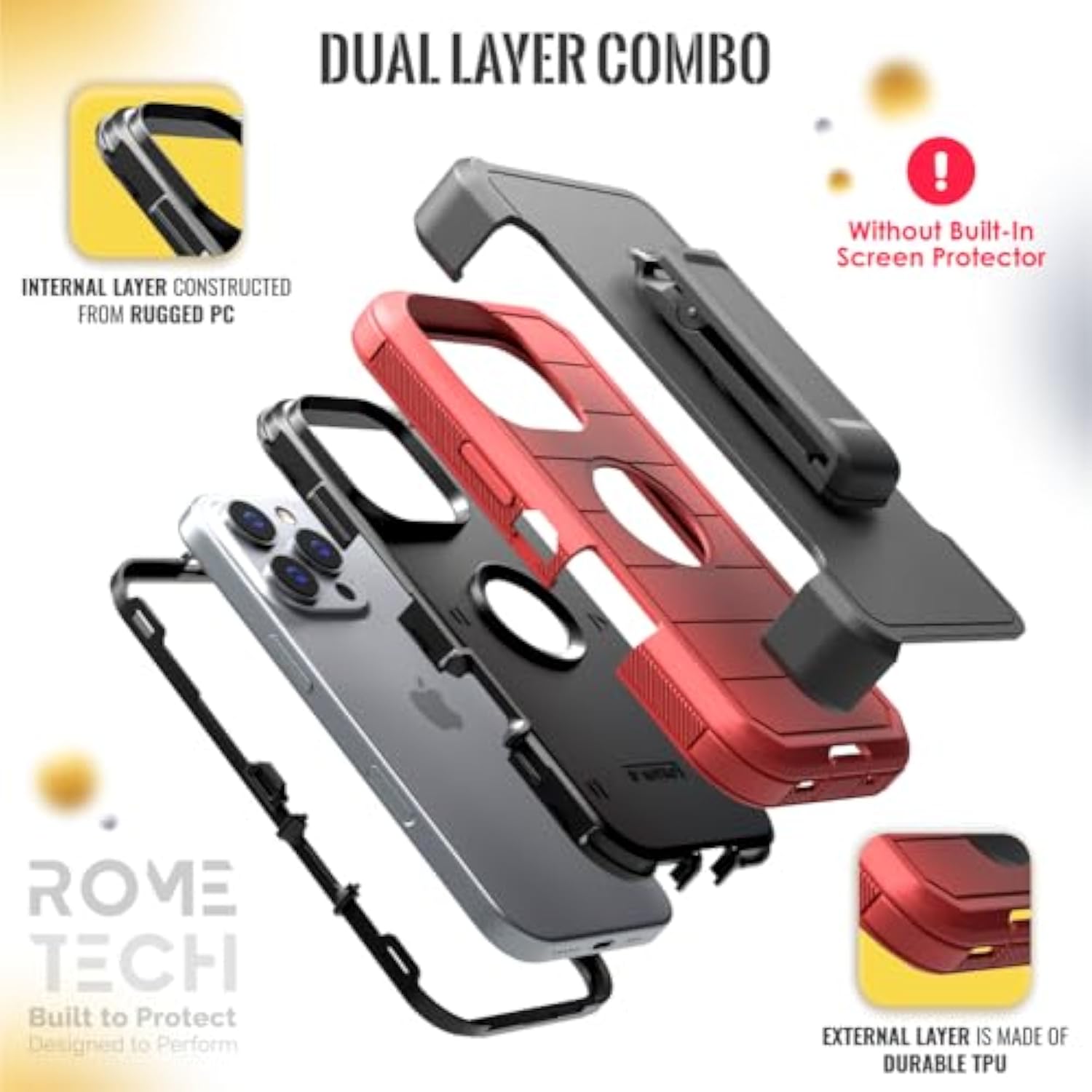 Designed For Iphone 16 Pro Case With Belt Clip Holster & Kickstand, Screenless Dual-Layer Shockproof Phone Case - Red & Black