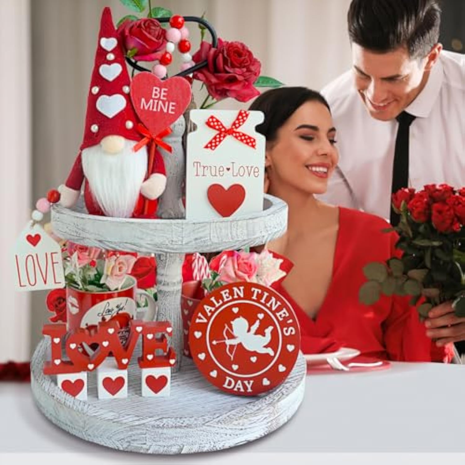 Valentines Day Tiered Tray Decor - 7 Pcs Valentines Gnomes Plush, Wood Love Signs, Wooden Beads Garland, Farmhouse Tiered Tray Decor Valentines Day Gift