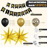 141Pc Black & Gold Balloon Arch Kit (18"/12"/5") w/ Happy Birthday Banner