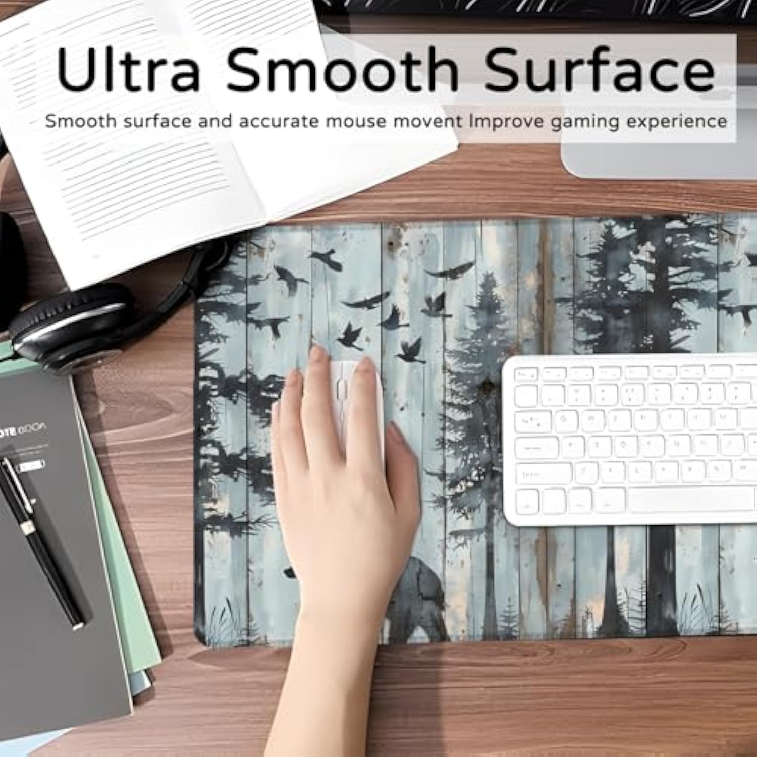 Mypos Bear Large Gaming Mouse Pad,Rustic Branches Bird Desk Mat,31.5X11.8X0.12In Extended Non-Slip Rubber Woodland Retro Mousepad,Computer Desk Mat Gifts,Laptop Mice Pads Decor For Office Home