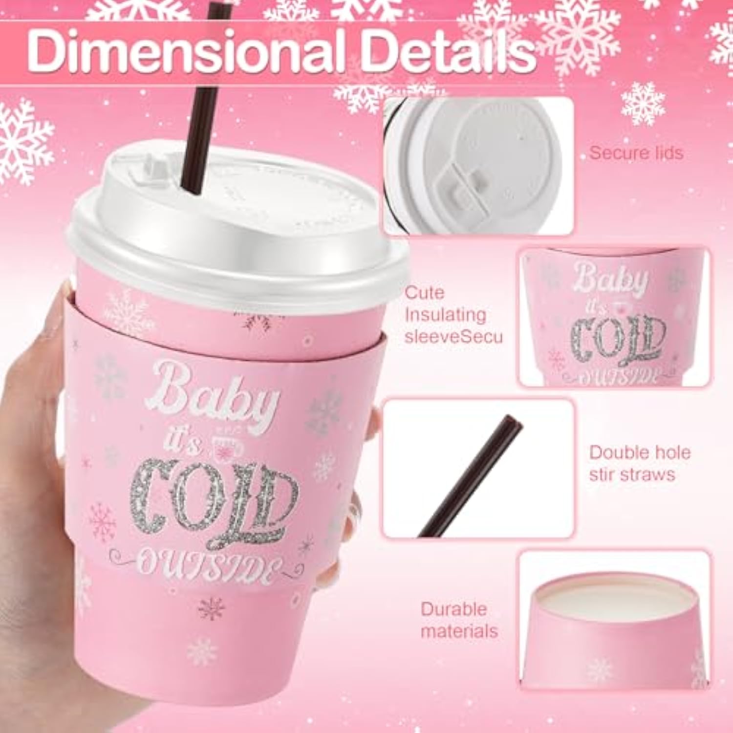 50 Sets 16 Oz Winter Baby Shower Party Coffee Cup Sets, Baby It'S Cold Outside Snowflake Hot Cocoa Bar Paper Cups With Lids, Sleeves Stirrers For Christmas Birthday Decoration(Pink And White)