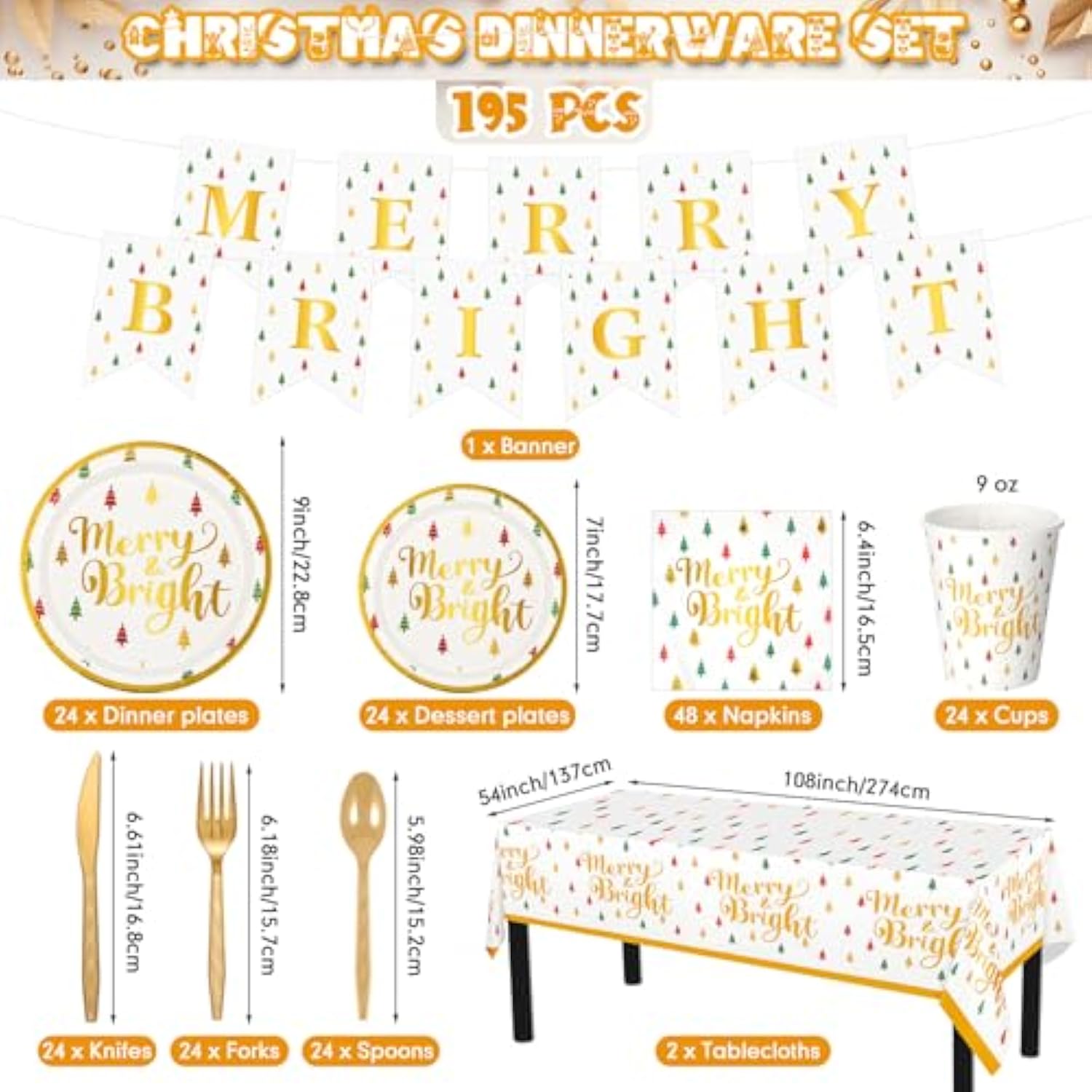 195 Pcs Christmas Party Supplies Disposable Tableware Set Christmas Plates Tablecloth Banner Napkins Cups Forks Knife Spoons Xmas Dinnerware For 24 Guests Holiday Decorations(Merry Bright)