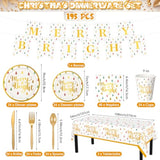 195 Pcs Christmas Party Supplies Disposable Tableware Set Christmas Plates Tablecloth Banner Napkins Cups Forks Knife Spoons Xmas Dinnerware For 24 Guests Holiday Decorations(Merry Bright)