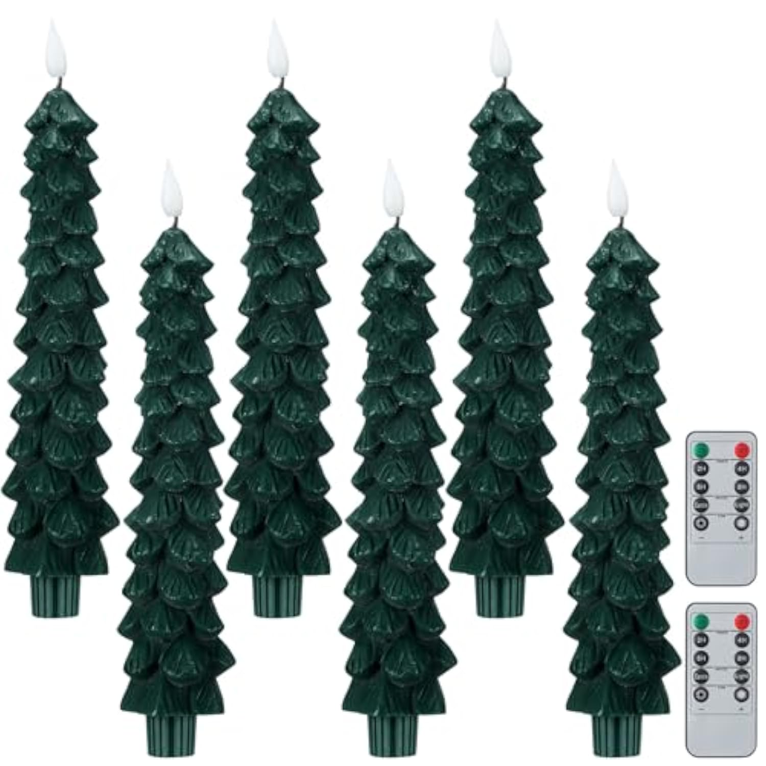 6 Pcs Led Christmas Tree Flameless Taper Candles, 9.7 Inch Real Wax Battery Operated Candlestick Lights With 3D Flame And Remote Timer For Windows Fireplace (Green,Christmas Tree)