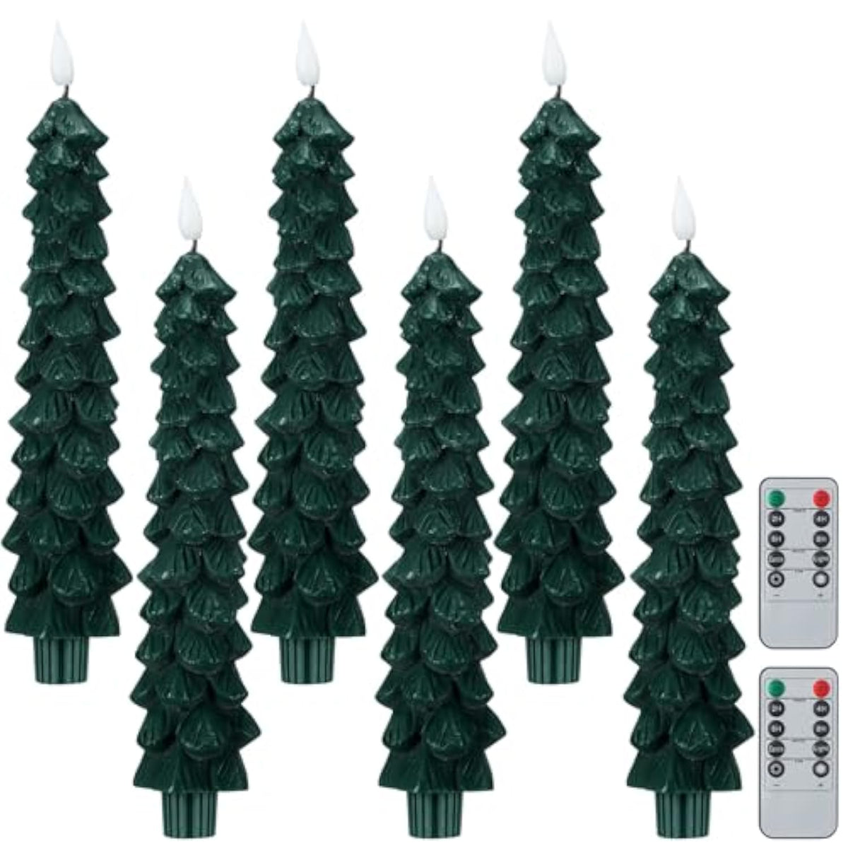 6 Pcs Led Christmas Tree Flameless Taper Candles, 9.7 Inch Real Wax Battery Operated Candlestick Lights With 3D Flame And Remote Timer For Windows Fireplace (Green,Christmas Tree)
