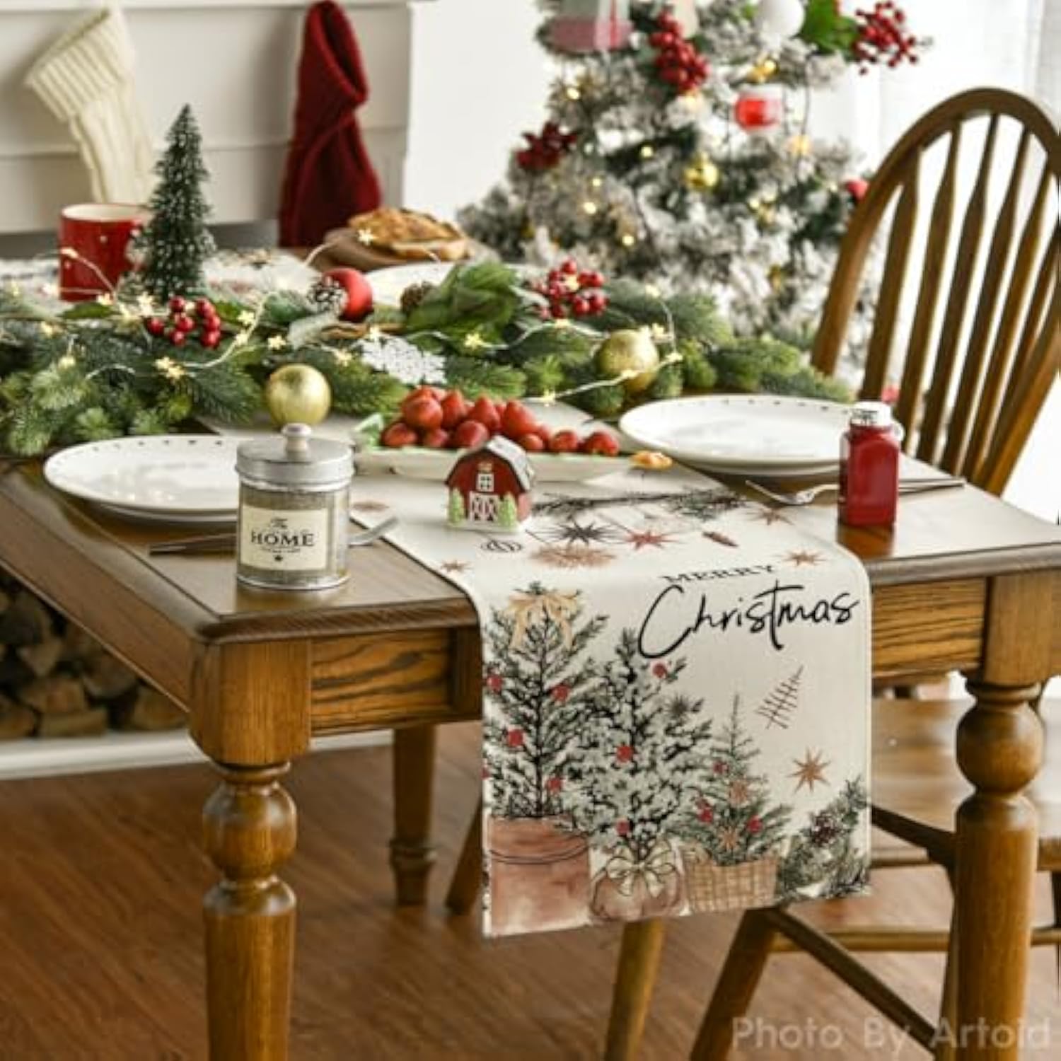 Xmas Trees Holly Pine Cone Merry Christmas Table Runner, Seasonal Winter Kitchen Dining Table Decoration For Home Party Decor 13X60 Inch