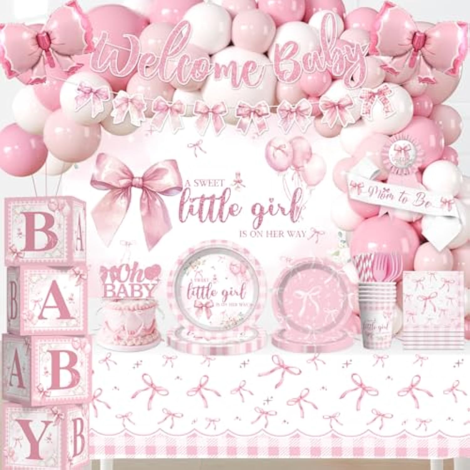 238 Pcs Pink Bow Baby Shower Decorations, All-In-One Party Pack For 20 Guests, Includes Tableware, Backdrop, Banner, Balloons And More For Bow Themed Baby Shower Decorations