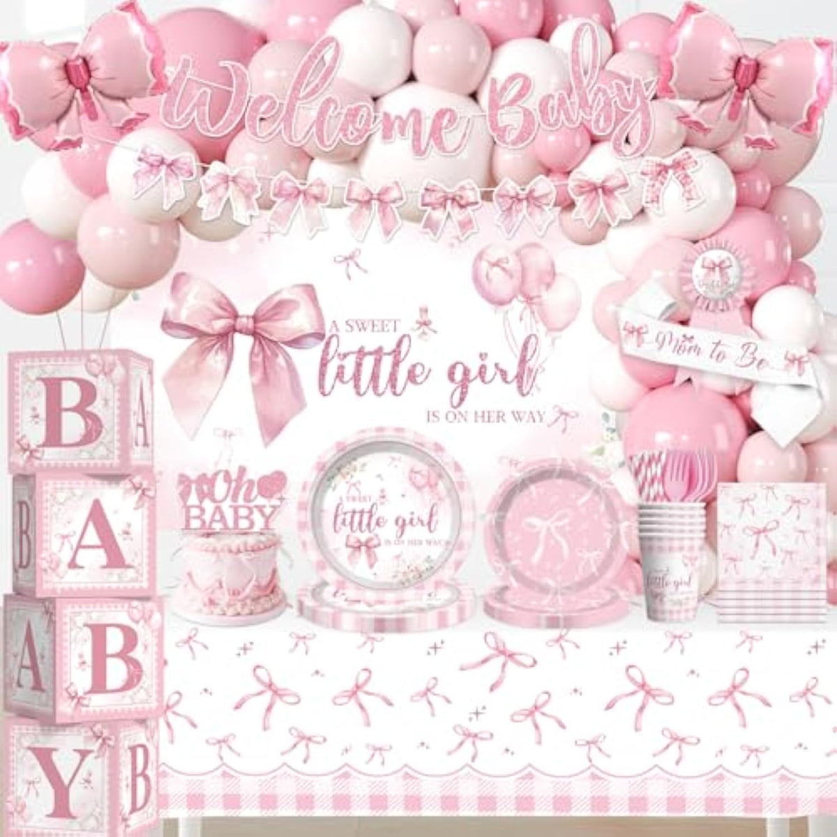 238 Pcs Pink Bow Baby Shower Decorations, All-In-One Party Pack For 20 Guests, Includes Tableware, Backdrop, Banner, Balloons And More For Bow Themed Baby Shower Decorations