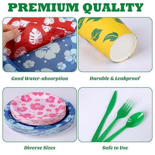 175 Pieces Hawaiian Cartoon Party Supplies Tropical Hawaii Hibiscus Floral Tableware Set 7 Inch & 9 Inch Paper Plates Napkins Cups Cutlery for Birthday Blue Cartoon Party, Serve 25 Guests