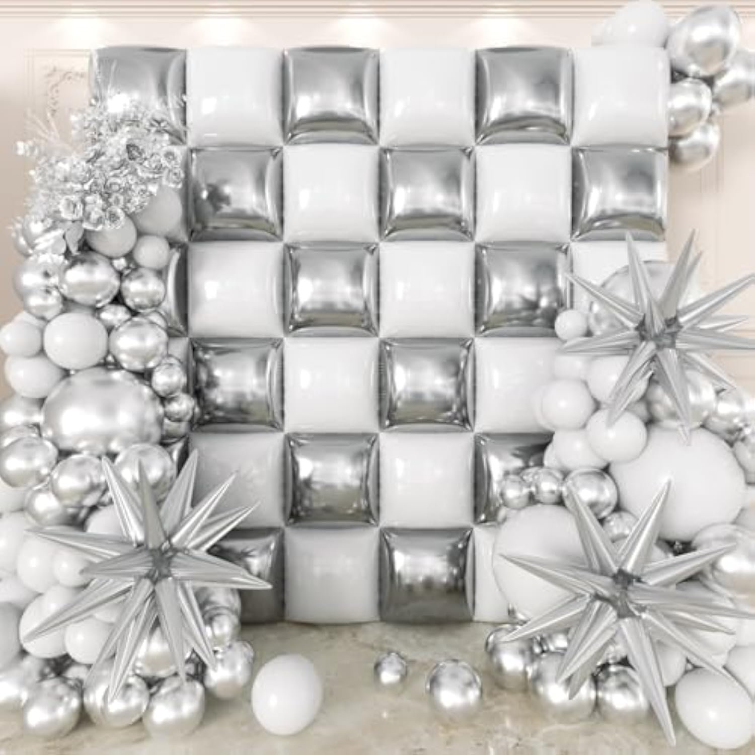 36Pcs White And Silver Square Foil Balloons Wall Backdrop With 147Pcs Balloon Garland Arch Kit, Double Sided Balloons For Bachelorette Wedding Birthday Engagement Anniversary Party Decorations