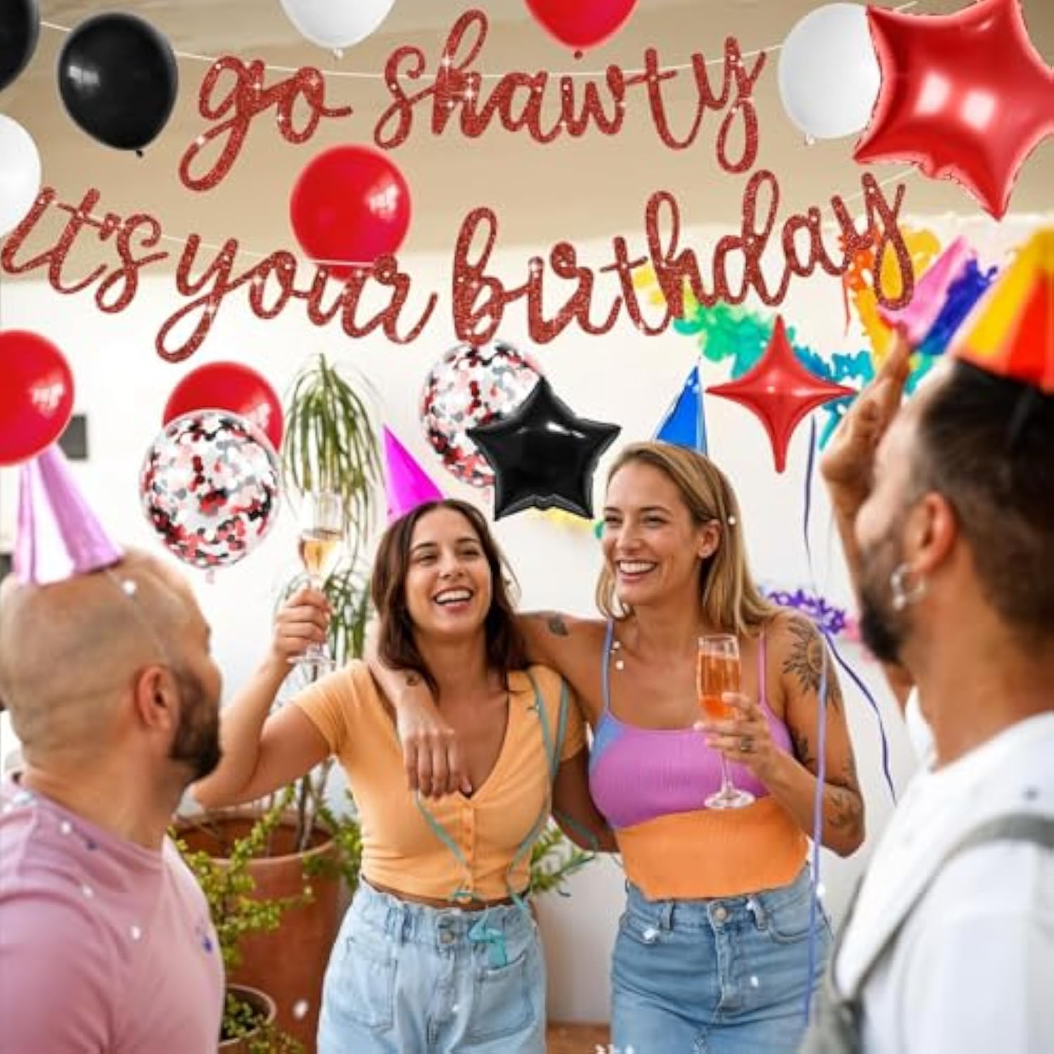 Red Go Sha Birthday Banner & Balloon Set with Confetti for Hip Hop Theme Party