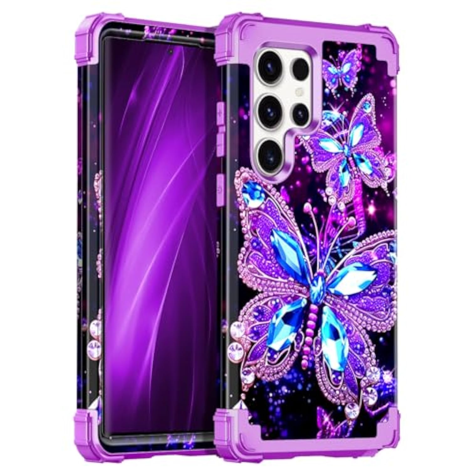 For Galaxy S22 Ultra 5G Case,Glow In The Dark Three Layer Heavy Duty Shockproof Full Body Protection Hard Plastic Bumper+Soft Silicone Case For Samsung Galaxy S22 Ultra 6.8 Inch,Dark Butterfly
