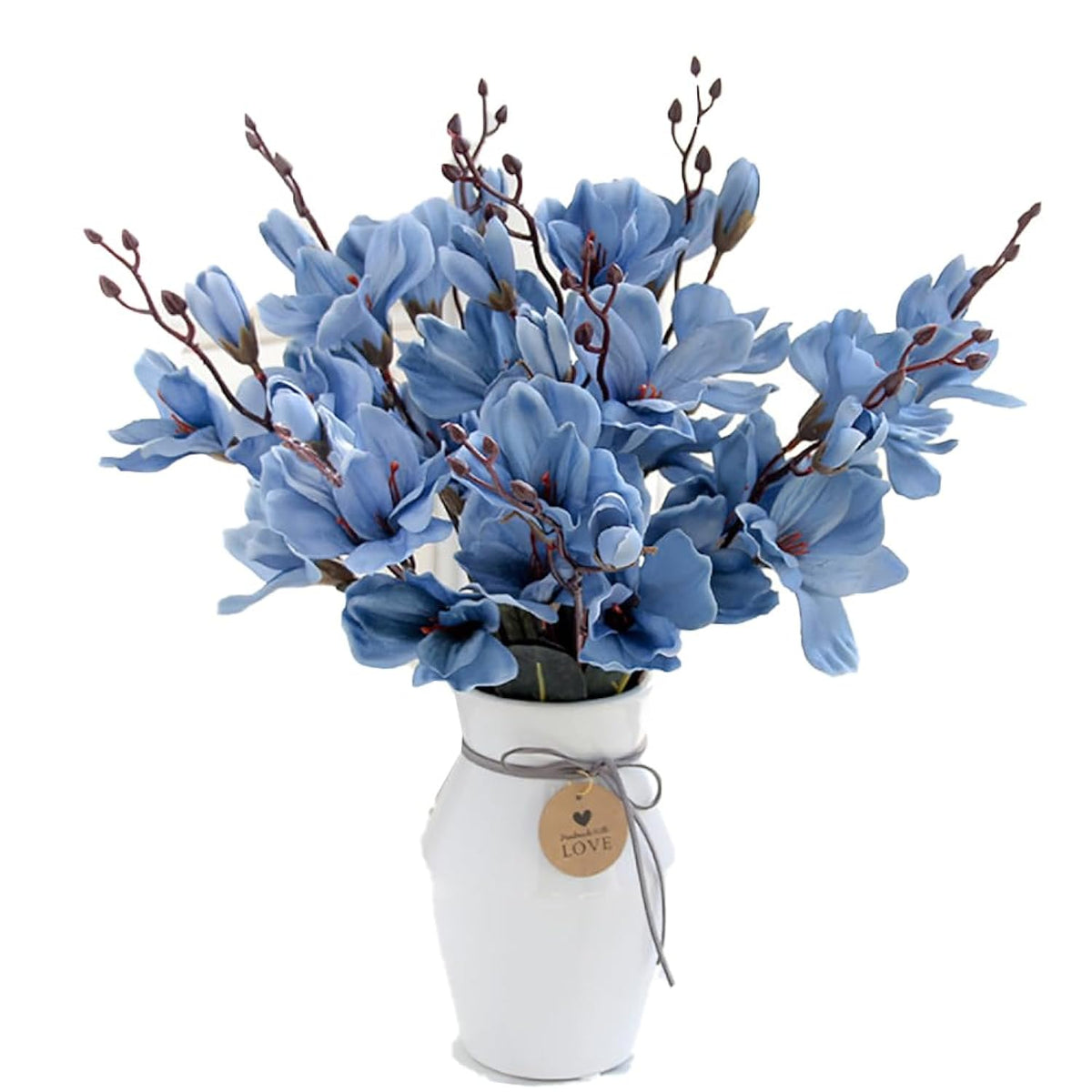 Artificial Magnolia Flowers Bouquet With 17'' Long Stem, Realistic Silk Flower Bouquet For Home Table Centerpiece Wedding Decor, 2 Branch, Not Include Vase