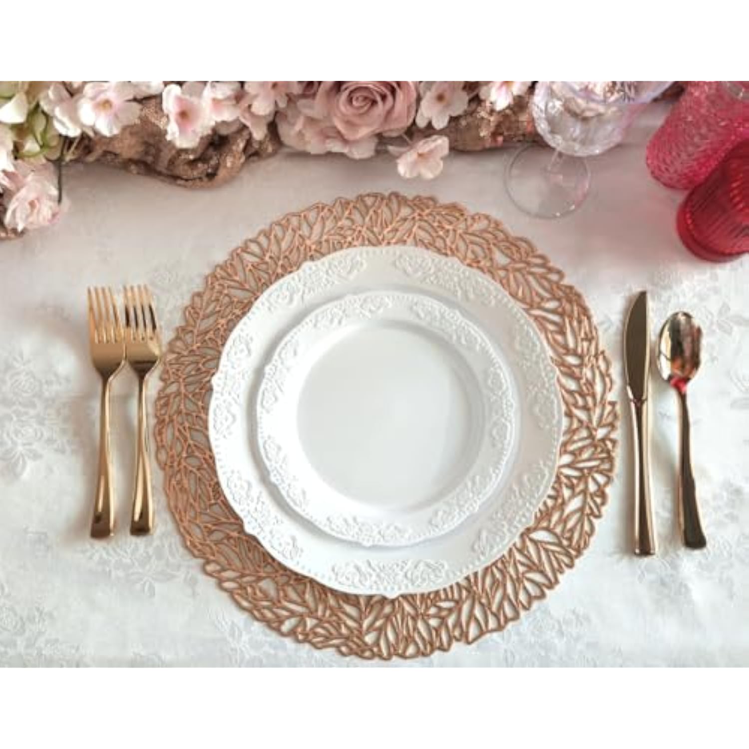 Occasions 10 Pieces Pack Pressed Vinyl Metallic Placemats/Wedding Accent Centerpiece Placemat (Spring, Rose Gold)