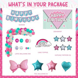 108 Pcs Surprise Birthday Party Decorations, Doll Themed Cartoon Birthday Party Decorations Backdrop Balloon Garland Arch Banner Cake Cupcake Topper Star Bow Tie Spot Pink Teal Blue