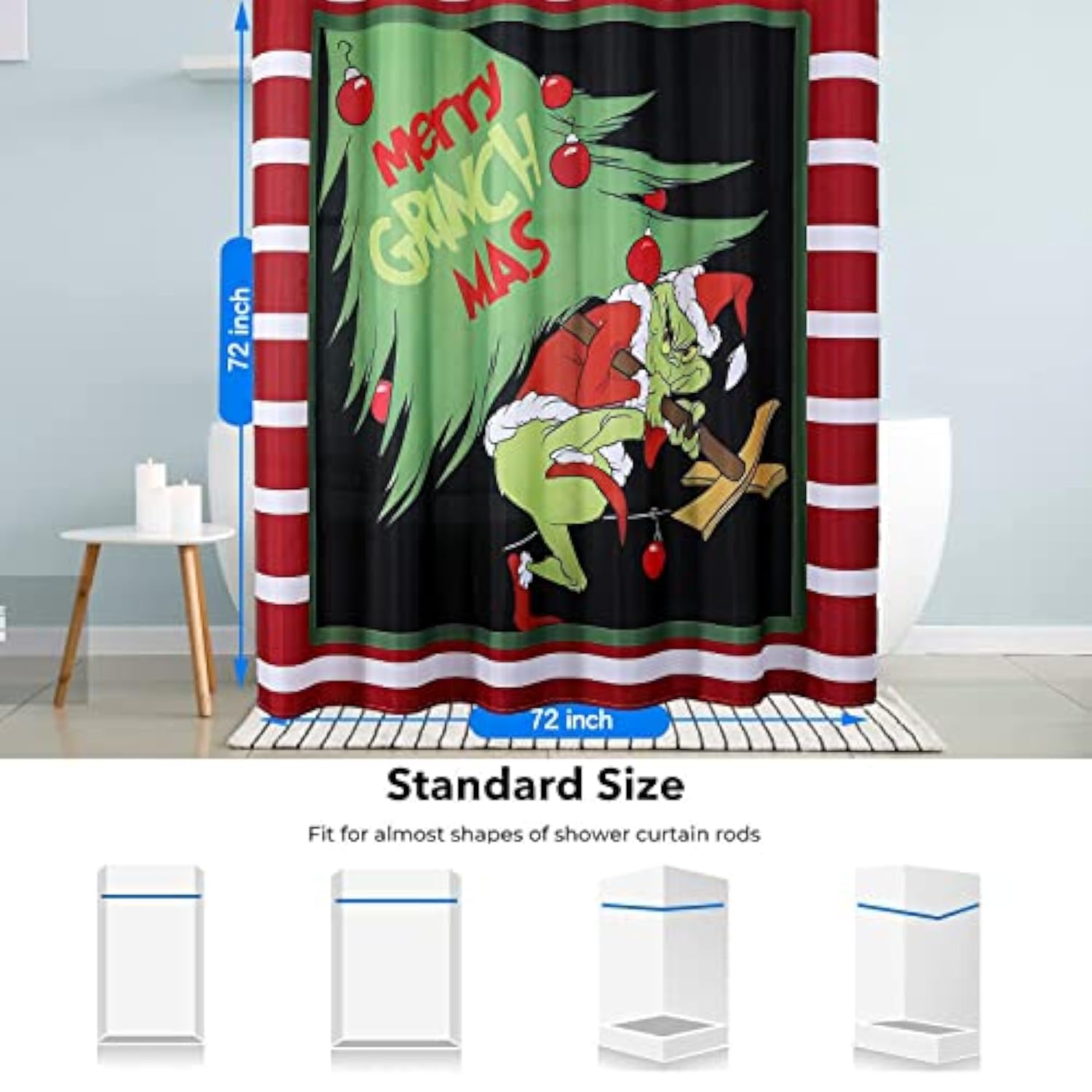 Aoderti Christmas Grinch Shower Curtain With 12 Hooks, 72''X72'' Waterproof Polyester Christmas Bathroom Decorations Shower Curtains For Bathroom, Heavy Weighted Hem, Machine Washable, Quick Dry