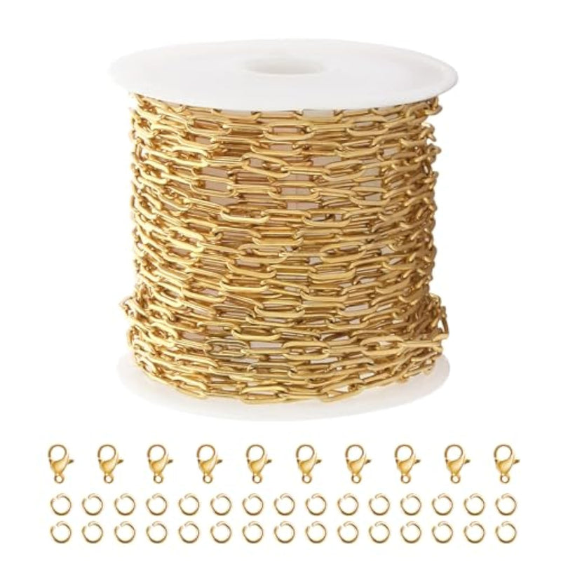5M Gold Plated Necklace Chain For Jewelry Making 304 Stainless Steel Paperclip Chain Roll With Lobster Clasps And Jump Rings For Men Women Making Jewelry Craft Support Jewelry Findings