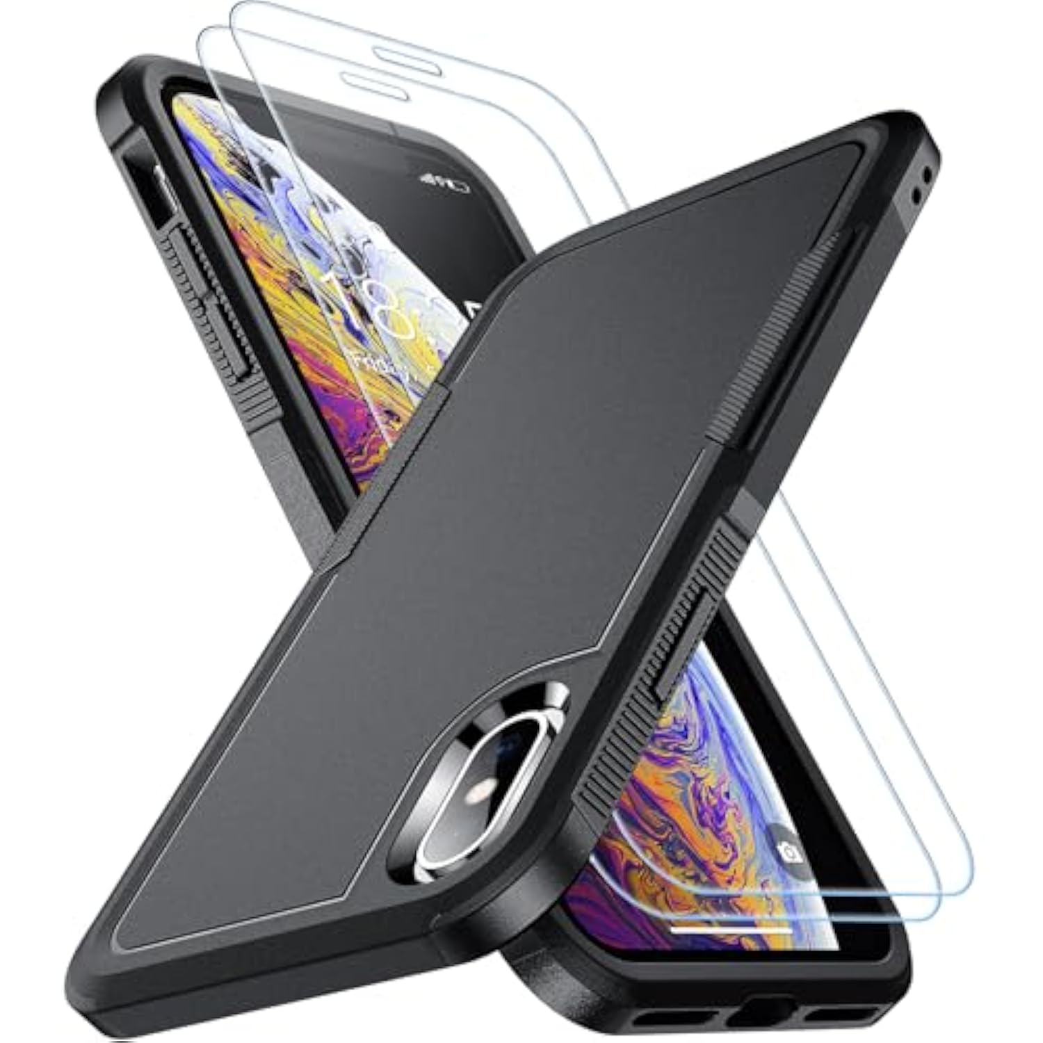 For X Case/ Xs Case, [Shockproof][Dropproof] [Non-Slip] [2 Pcs Tempered Glass Screen Protector] Heavy Duty Phone Case Cover For X/Xs 5.8,(Black)