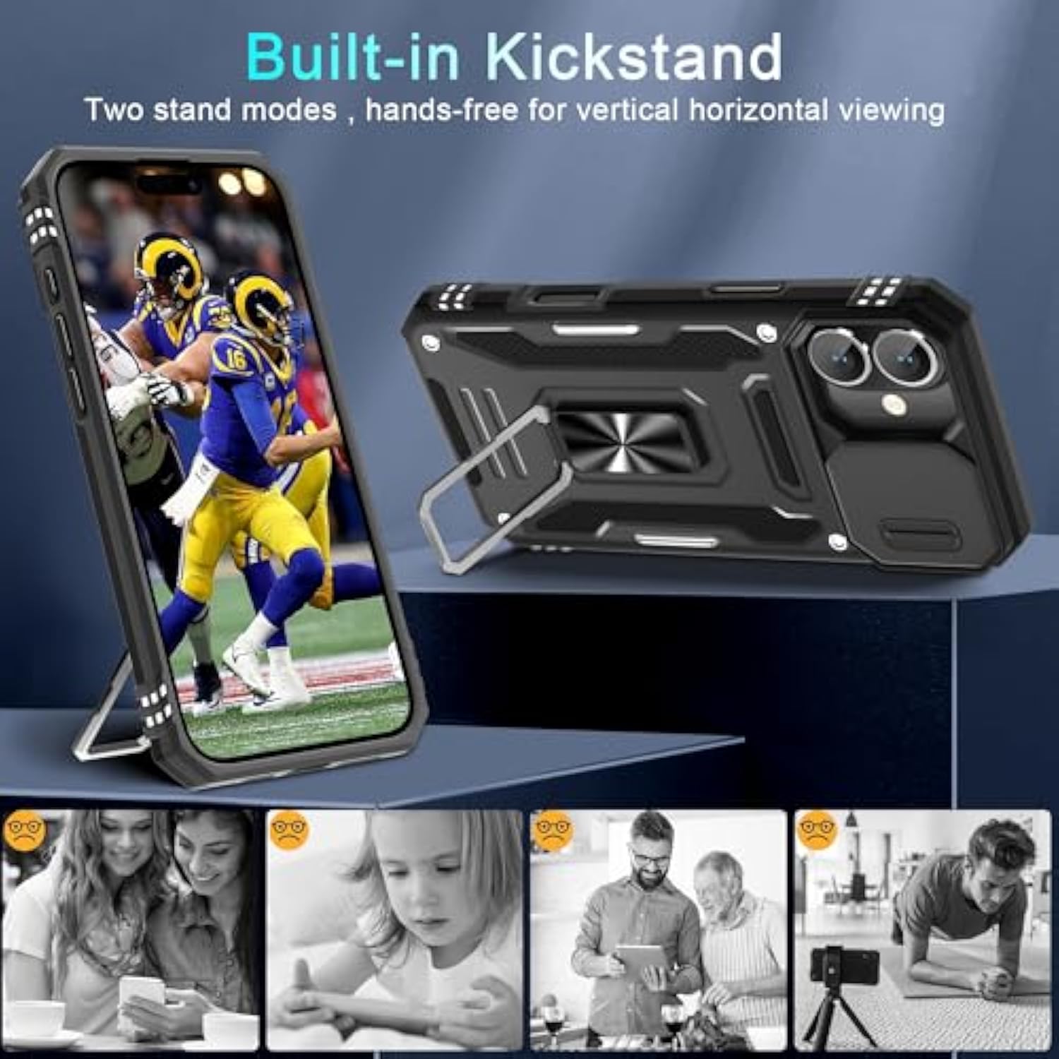 Case For Iphone 16 Plus With Slide Camera Cover+Screen Protector (1 Pack), Rotated Ring Kickstand Military Grade Shockproof Protective Cover-Black