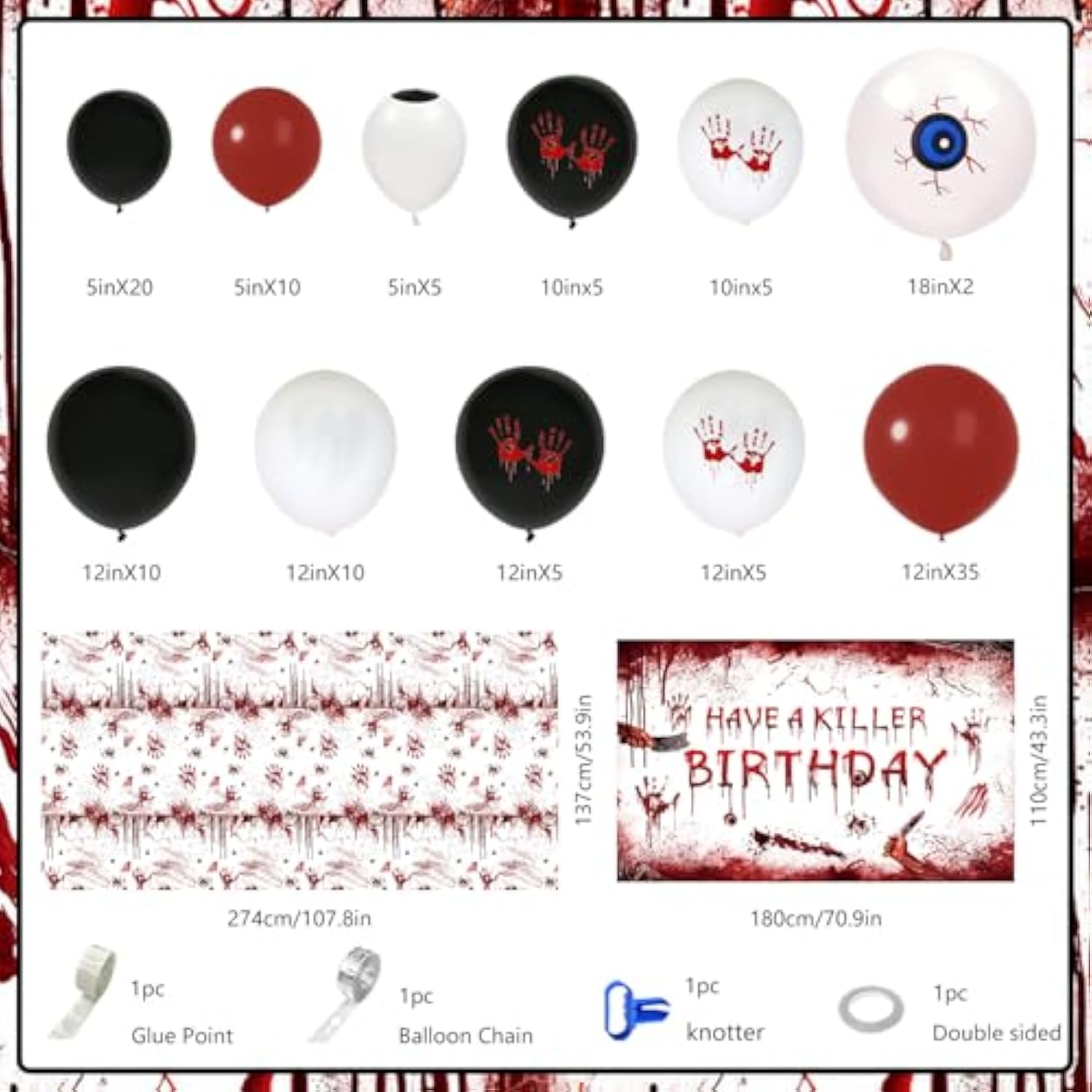 Halloween Balloon Garland with Bloody Tablecloth, Killer Birthday Banner & Balloons