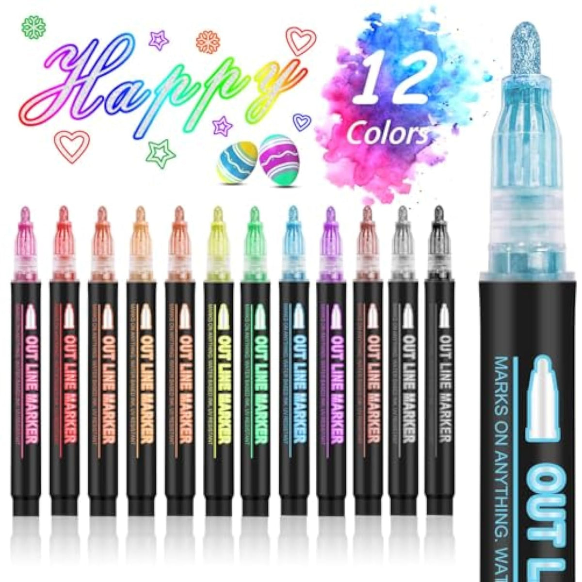 Outline Marker Self-Outline Metallic Markers, 12 Colors Double Line Outline Markers, Super Squiggles Shimmer Glitter Pen Set For Christmas Greeting Card, Kid Drawing, Doodling,Diy Art Crafts
