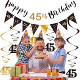 45Th Birthday Decoration Kit Happy 45Th Banner Swirls Streamers Black Gold