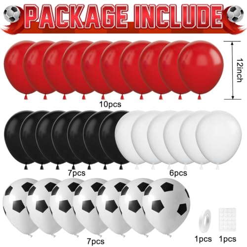30 Pcs Red Black Soccer Balloons, 12 Inch Soccer Print Balloon Set
