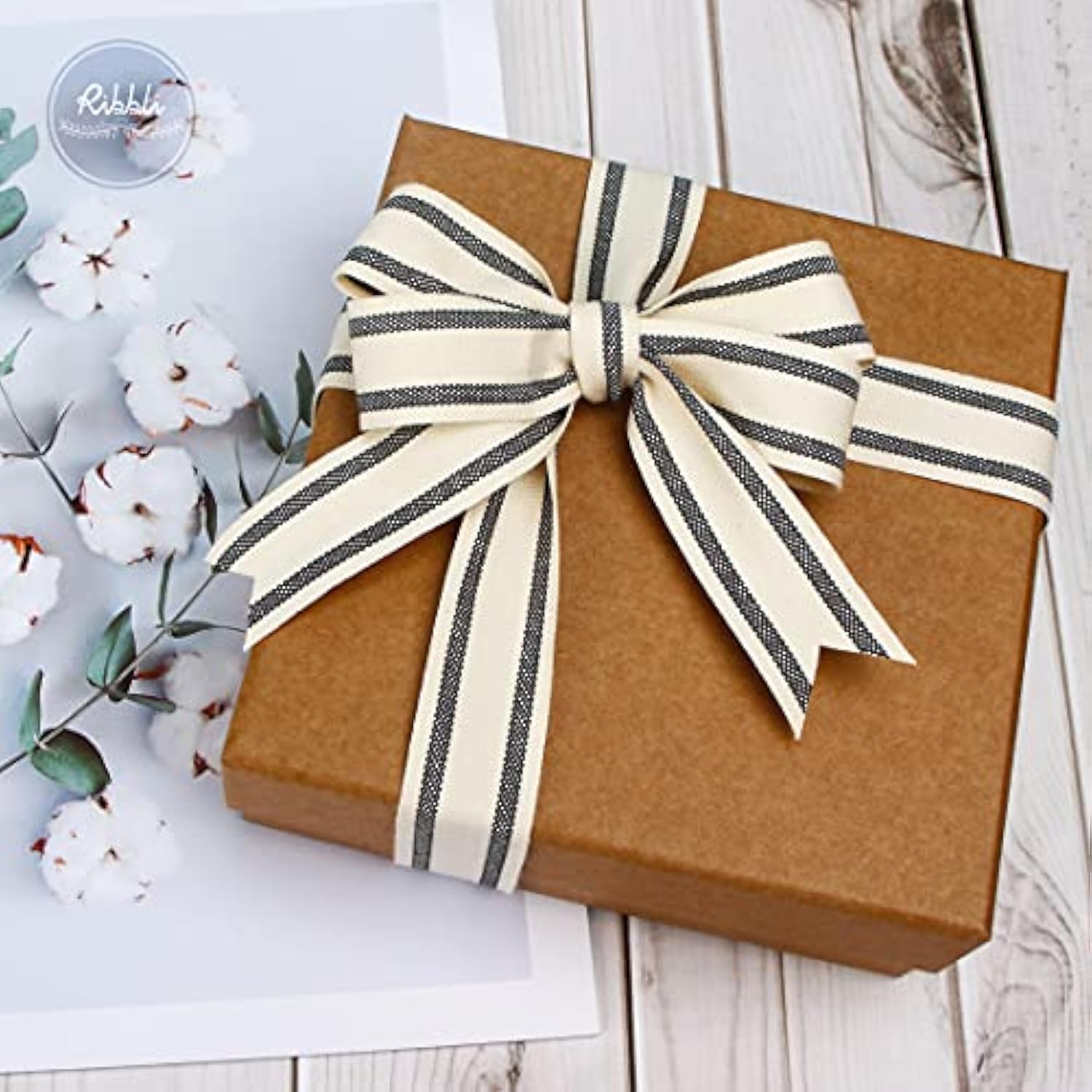 Natural Cotton Stripe Ribbon,1Inch X 10 Yard Spool,Natural/Black,Farmh