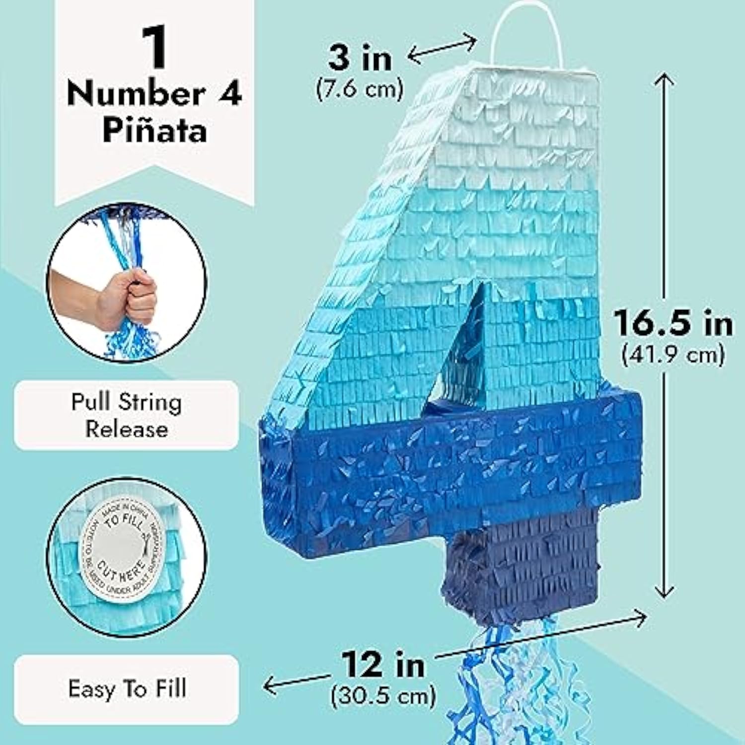 Number 4 Pull String Pinata For Boys 4Th Birthday Party Decorations - Ombre Blue (16.5 X 12 X 3 In 4 Pinata)