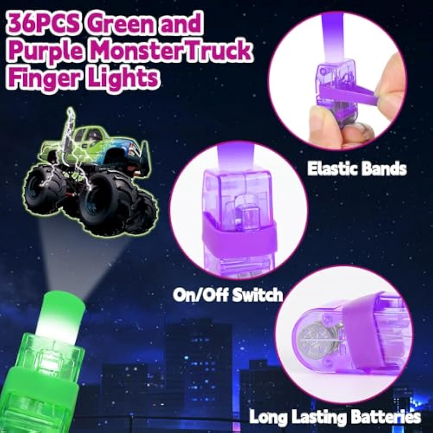 36 Pcs Monster Truck Party Favors Led Finger Lights Glow In The Dark Light Up Truck Toys Back To School Supplies Classroom Prizes Goodie Bag Stuffers Gifts For Kids Boys Girls Birthday