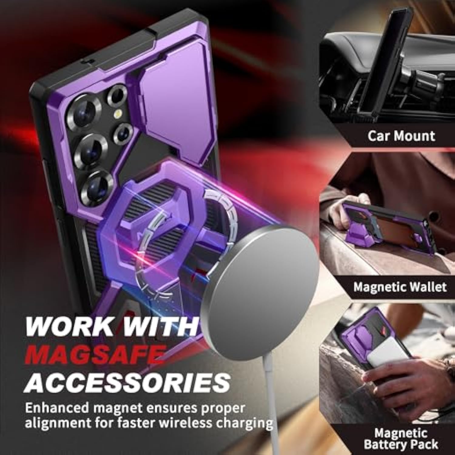 Magnetic Stand For Samsung Galaxy S25 Ultra Case With Privacy Screen Protector, [Compatible With Magsafe] [Military Drop Protection] S25 Ultra Case With Camera Cover & Belt Clip,Purple Privacy