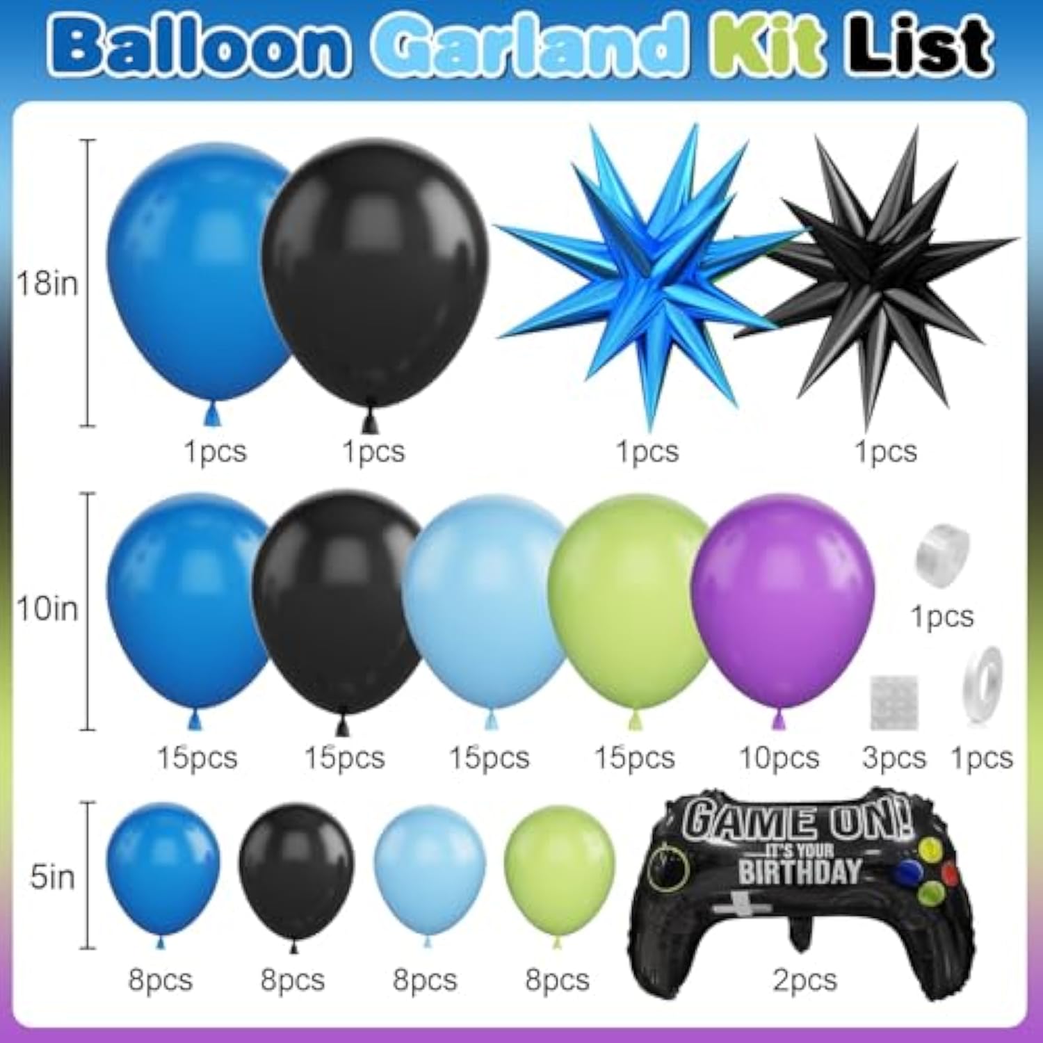 Video Game Party Balloon Garland Kit – Blue & Green Decor with Game Controller Foil Balloons