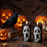 Halloween Black Flameless Pillar Candles with Ghost Decals, 2PCS