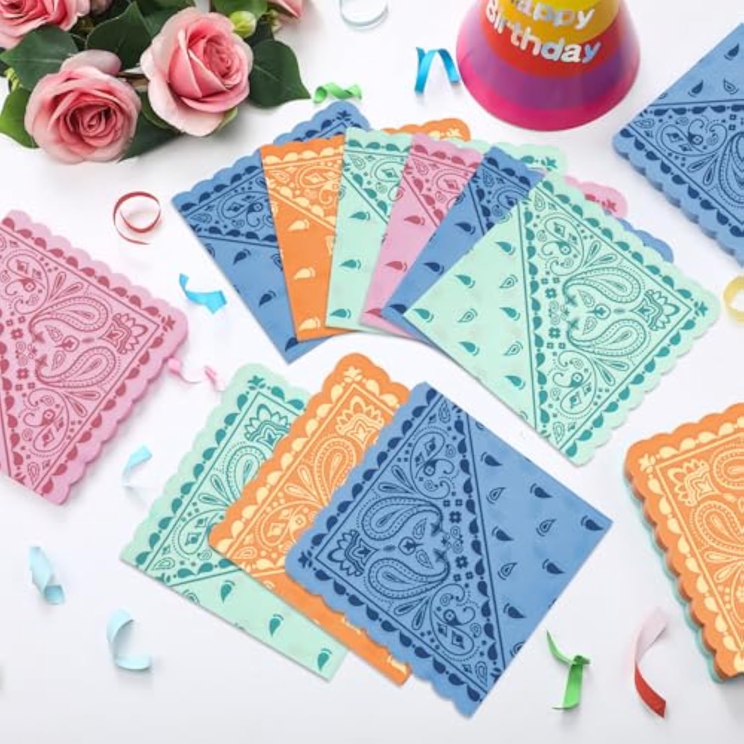 100 Pcs Western Party Bandana Napkins 2 Ply Disposable Paisley Print Scalloped Lunch Paper Napkins Bulk For Cowboy Cowgirl Birthday Wedding Party Supplies