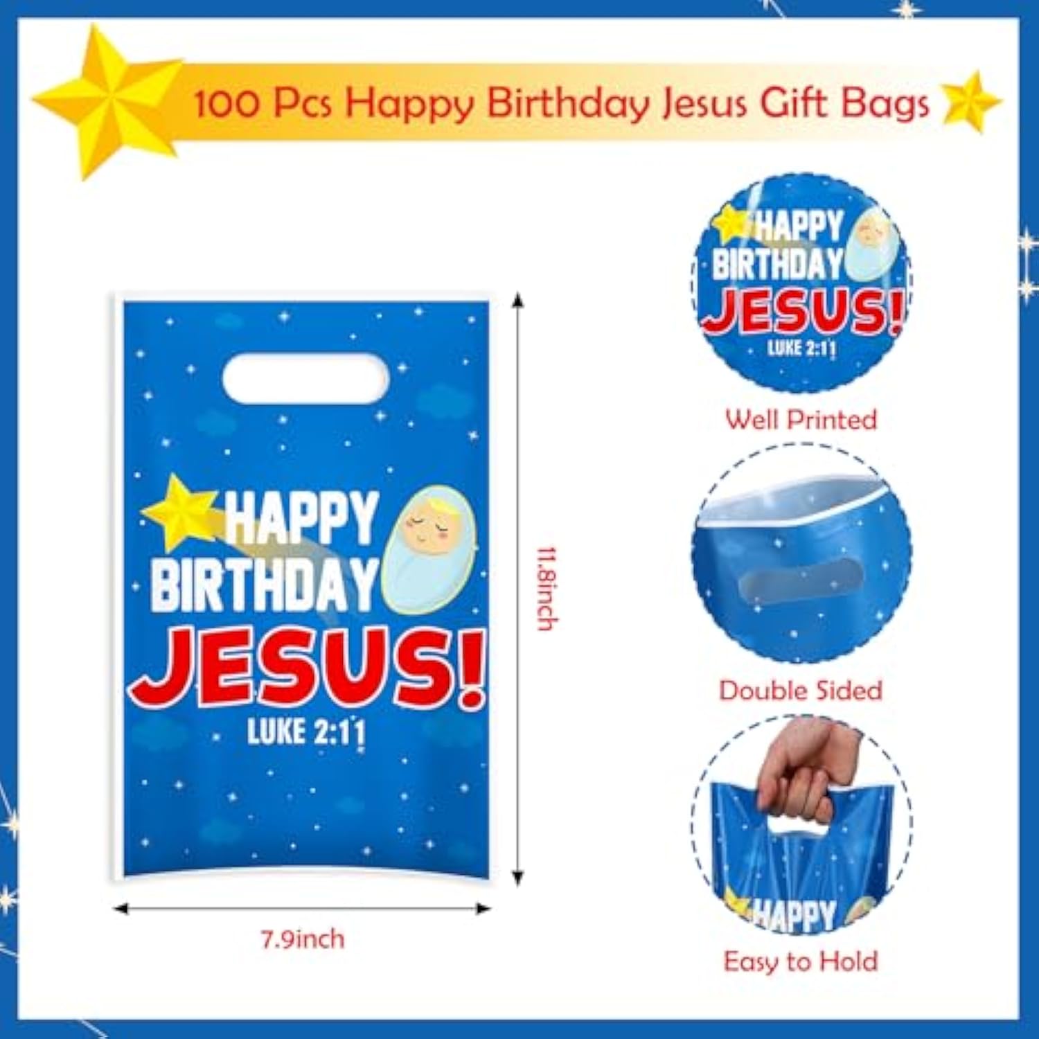 100 Pieces Happy Birthday Jesus Gift Bags, Christmas Plastic Goodie Bags With Handles, Happy Birthday Jesus Treat Bag For Christmas Part Supplies