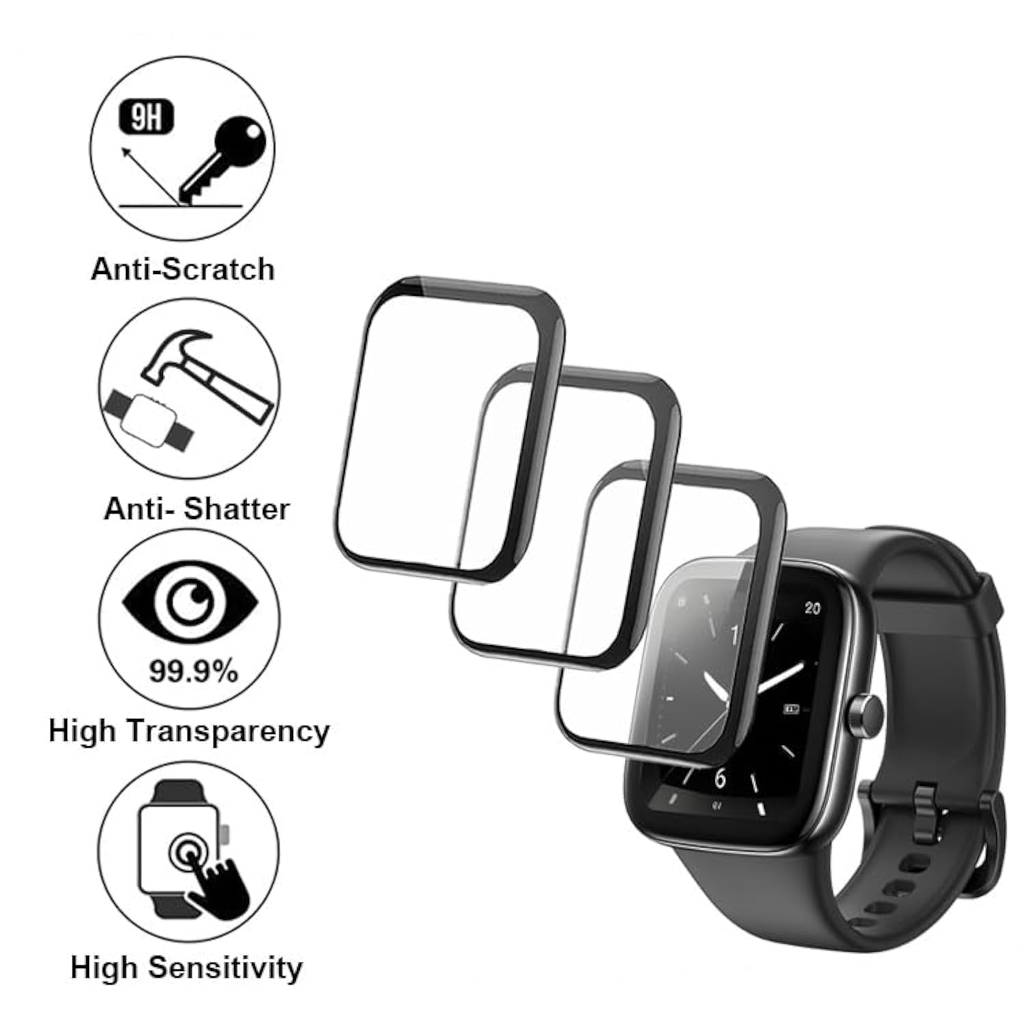 3D Screen Protector Compatible With S7 1.85 Inches Tozo Smartwatch, Pmma, Full Coverage, 3 Pieces