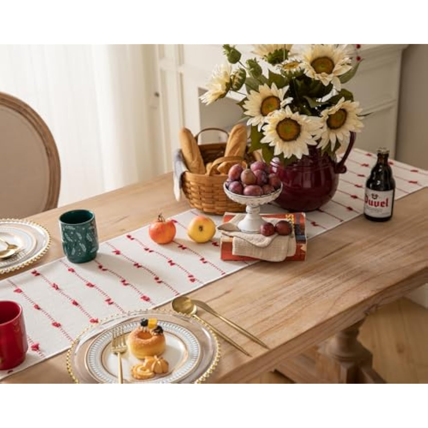Christmas Table Runner 72 Inchs Long For Modern Farmhouse Room Home Christmas Decorations, Boho Red Table Runner, Natural Cotton Woven With Tassels For Holiday Kitchen And Dining Table Decor