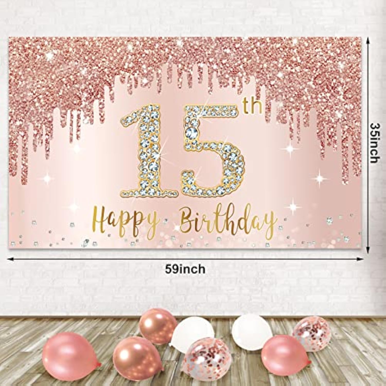 Rose Gold 15th Birthday Backdrop with Balloon Garland & Banner for Girls Party Decor