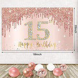 Rose Gold 15th Birthday Backdrop with Balloon Garland & Banner for Girls Party Decor