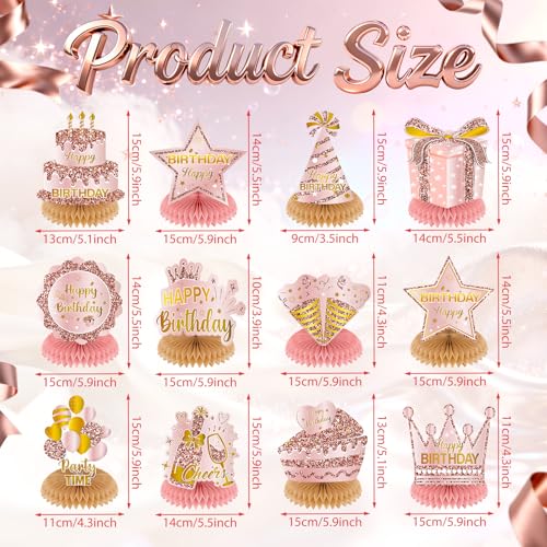 12Pcs Rose Gold Birthday Decorations Honeycomb Centerpieces for Women Girls, Rose Gold Happy Birthday Table Centerpieces for Kids Adult Birthday Table Topper Sign Decor Supplies