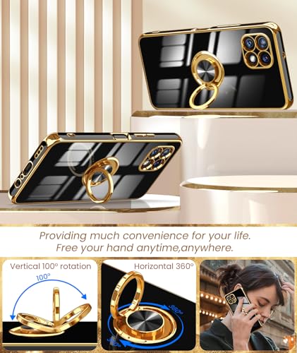 For T-Mobile Revvl 7 5G Case With 2X Screen Protector, 360° Rotatable Ring Holder Magnetic Kickstand,Plated Gold Edge Slim Soft Tpu Protective Cover For T-Mobile Revvl 7 Black