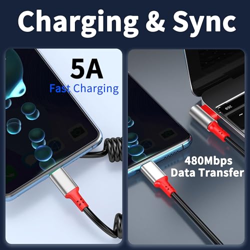 90Degree Coiled USB to Type C Charging Cable, Upgrade USB Blind Plug, Right Angled Spring Type C 5A Fast Charging Cable Charge and Sync for Phone