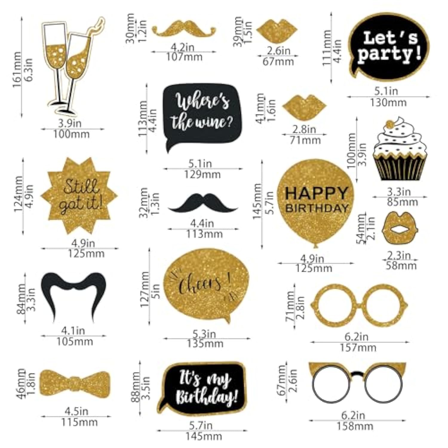 30 Pcs Gold And Black Birthday Photo Booth Props Kit, Happy Birthday Decorations, Funny Selfie Photo Props For 40Th 50Th 60Th Birthday Graduation Wedding Party Supplies